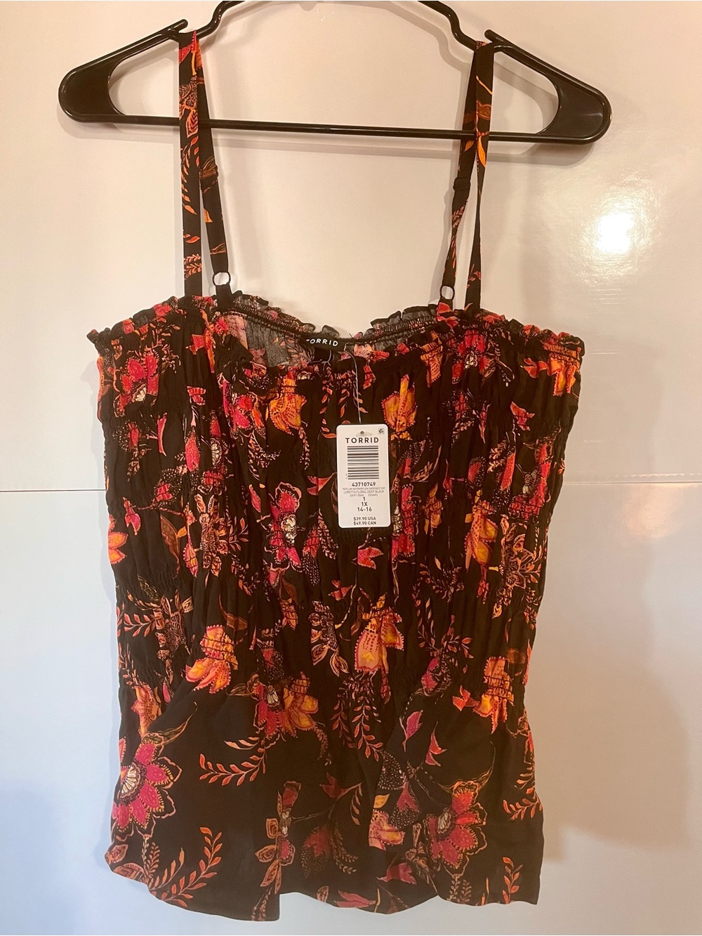 torrid Black Floral Smocked Cami with Pink & Orange Accents